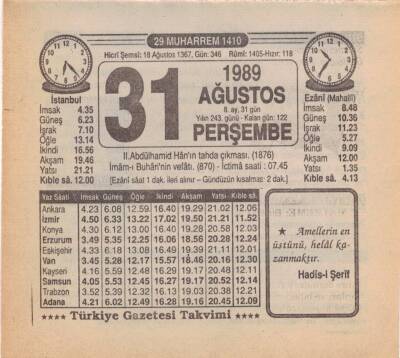 31 Ağustos 1989 Takvim Yaprağı EFM(N)2576 - 3