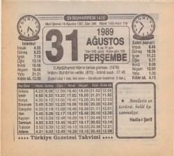 31 Ağustos 1989 Takvim Yaprağı EFM(N)2576 - 2