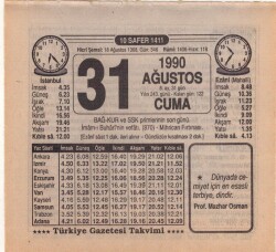 31 Ağustos 1990 Takvim Yaprağı EFM(N)2577 - 2