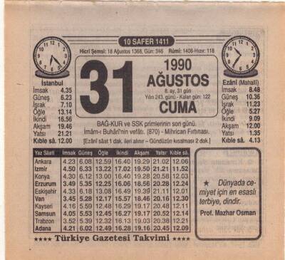31 Ağustos 1990 Takvim Yaprağı EFM(N)2577 - 2