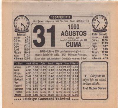 31 Ağustos 1990 Takvim Yaprağı EFM(N)2577 - 1