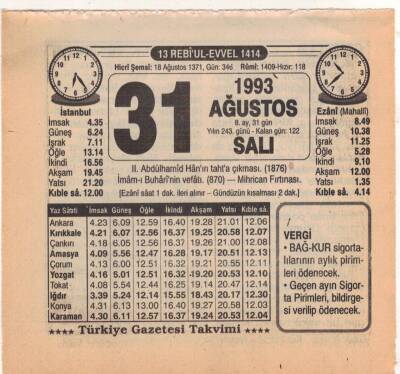 31 Ağustos 1993 Takvim Yaprağı EFM(N)2578 - 2
