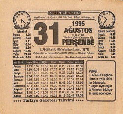 31 Ağustos 1995 Takvim Yaprağı - Doğum Günü Hediyesi EFMN15442 - Gökçekoleksiyon