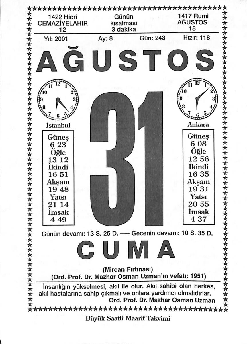 31 Ağustos 2001 Takvim Yaprağı - Doğum Günü Hediyesi EFMN14199 - 1