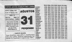 31 Ağustos 2006 Takvim Yaprağı - Doğum Günü Hediyesi EFM(N)9967 - 2