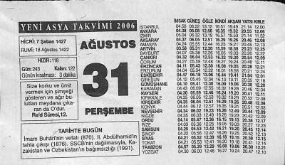 31 Ağustos 2006 Takvim Yaprağı - Doğum Günü Hediyesi EFM(N)9967 - 2