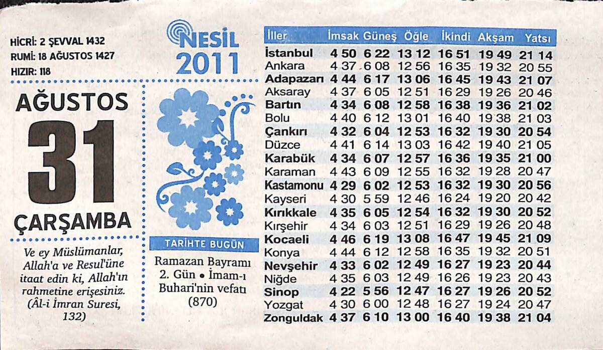 31 Ağustos 2011 Takvim Yaprağı - Doğum Günü Hediyesi EFMN14346 - 1