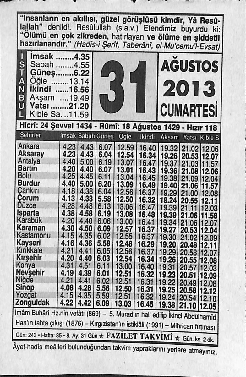 31 Ağustos 2013 Takvim Yaprağı - Doğum Günü Hediyesi EFMN13574 - 1