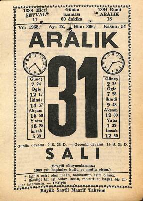31 Aralık 1968 Takvim Yaprağı - Doğum Günü Hediyesi EFM(N)11047 - 1