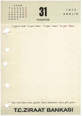 31 Aralık 1973 Ziraat Bankası Masa Takvimi Takvim Yaprağı EFM1292 - 1