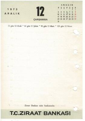 31 Aralık 1973 Ziraat Bankası Masa Takvimi Takvim Yaprağı EFM1292 - 2