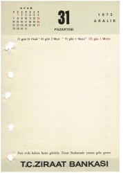31 Aralık 1973 Ziraat Bankası Masa Takvimi Takvim Yaprağı EFM1292 - 3