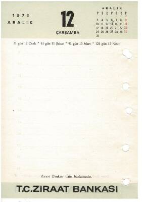 31 Aralık 1973 Ziraat Bankası Masa Takvimi Takvim Yaprağı EFM1292 - 4