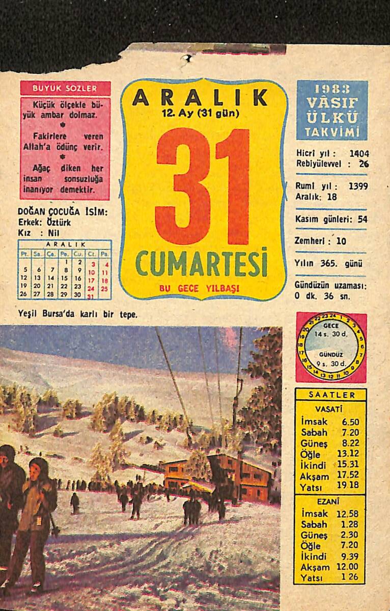 31 Aralık 1983 Takvim Yaprağı - Doğum Günü Hediyesi EFMN13691 - 1