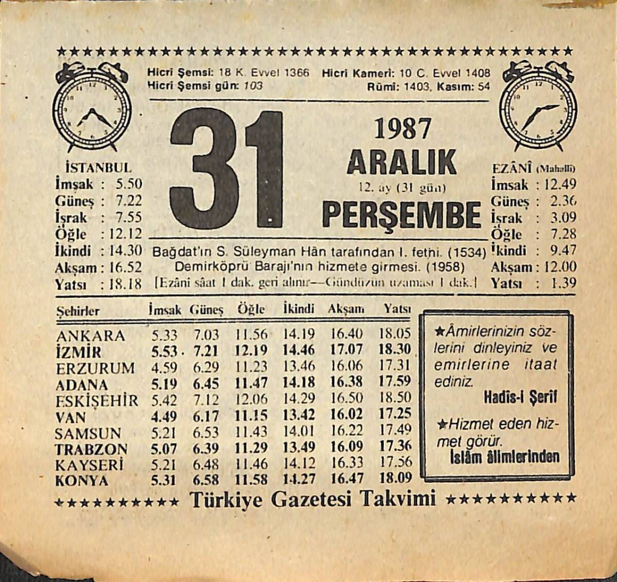 31 Aralık 1987 Takvim Yaprağı - Doğum Günü Hediyesi EFMN14980 - 1