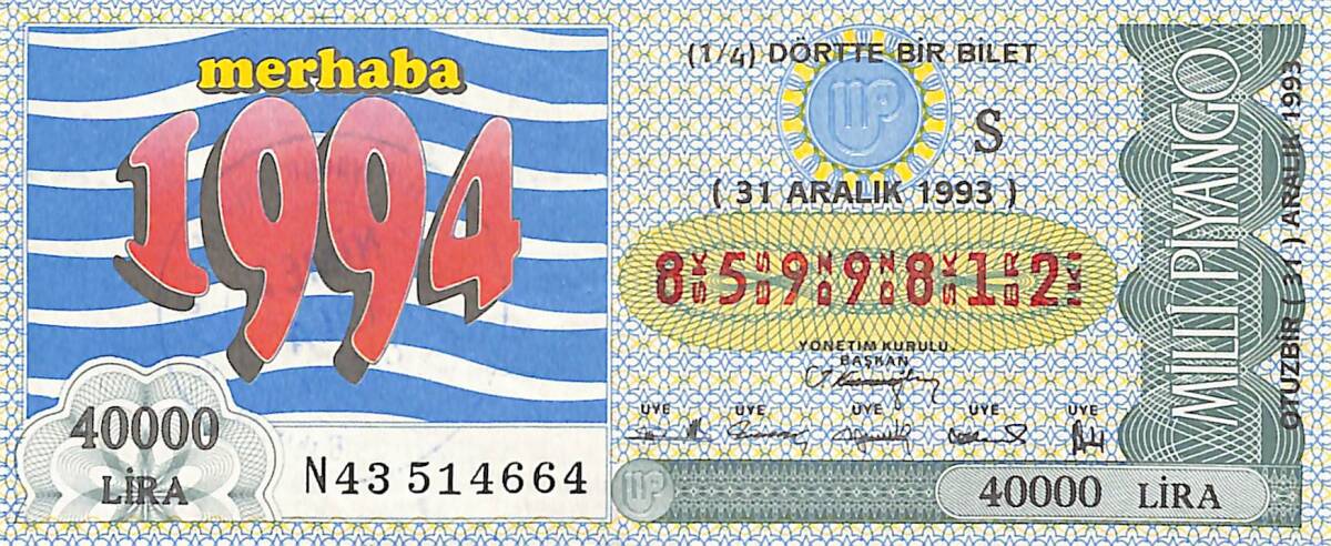 31 Aralık 1993 Piyango Bileti Dörtte Bir Bilet PYB6550 - 1