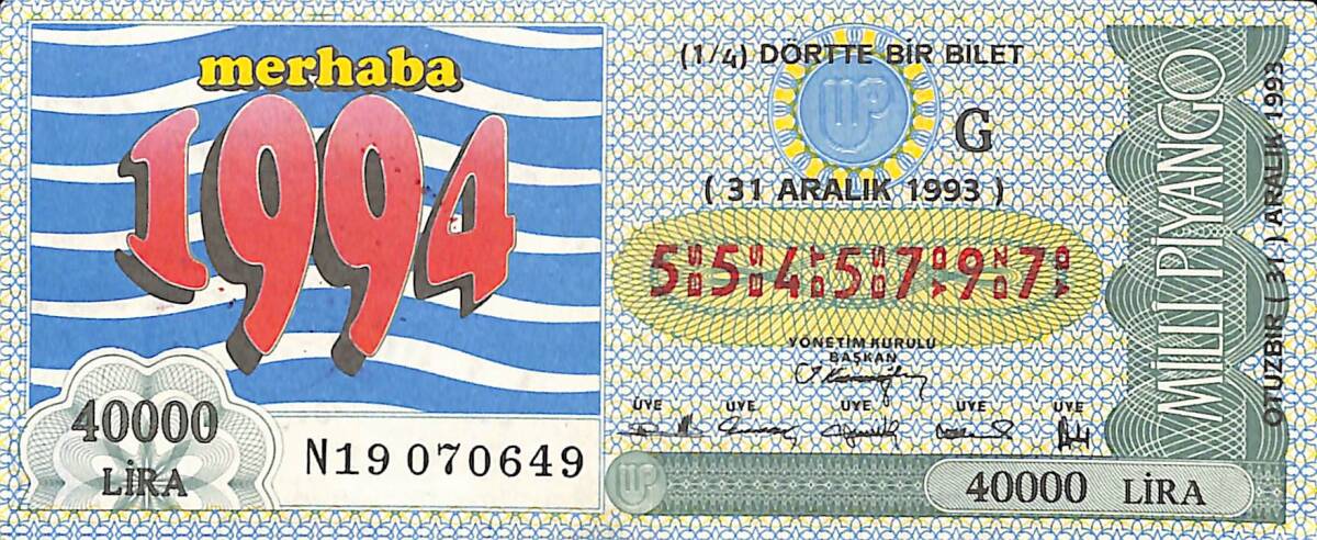 31 Aralık 1993 Piyango Bileti Dörtte Bir Bilet PYB6551 - 1
