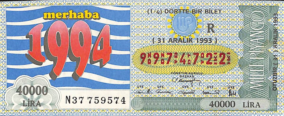 31 Aralık 1993 Piyango Bileti Dörtte Bir Bilet PYB6591 - 1
