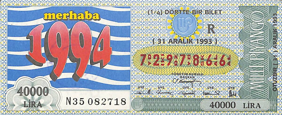 31 Aralık 1993 Piyango Bileti Dörtte Bir Bilet PYB6598 - 1