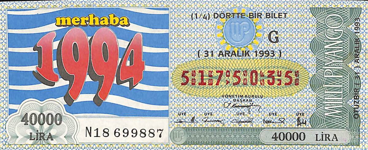 31 Aralık 1993 Piyango Bileti Dörtte Bir Bilet PYB6633 - 1