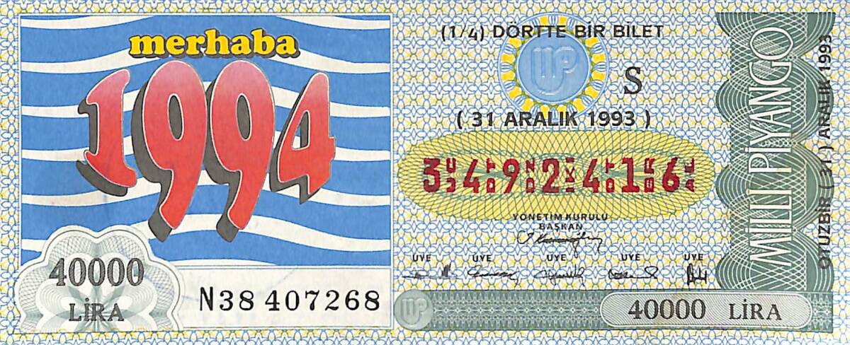 31 Aralık 1993 Piyango Bileti Dörtte Bir Bilet PYB6748 - 1