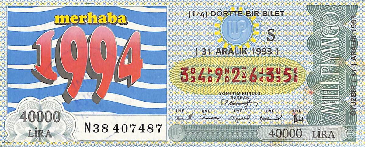 31 Aralık 1993 Piyango Bileti Dörtte Bir Bilet PYB6758 - 1