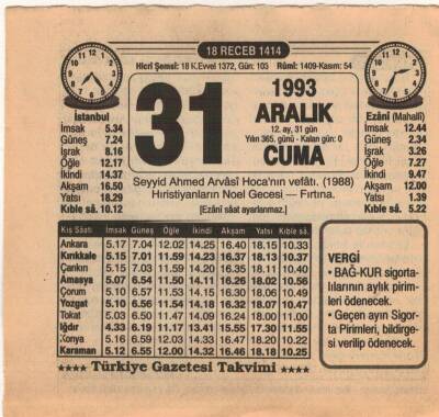 31 Aralık 1993 Takvim Yaprağı EFM(N)4252 - 1