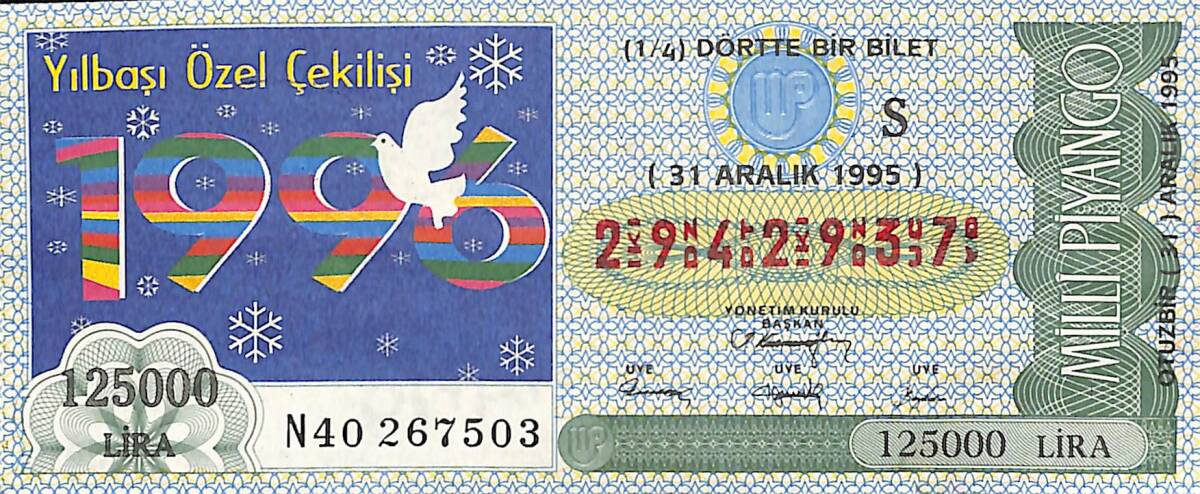 31 Aralık 1995 Piyango Bileti Dörtte Bir Bilet PYB6624 - 1