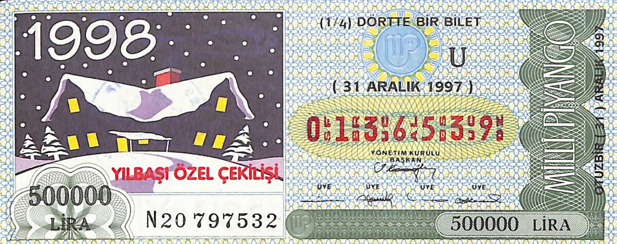31 Aralık 1997 Piyango Bileti Dörtte Bir Bilet PYB6828 - 1