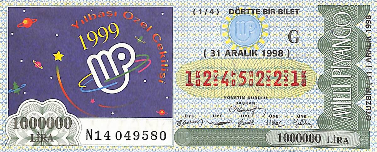 31 Aralık 1998 Piyango Bileti Dörtte Bir Bilet PYB6530 - 1