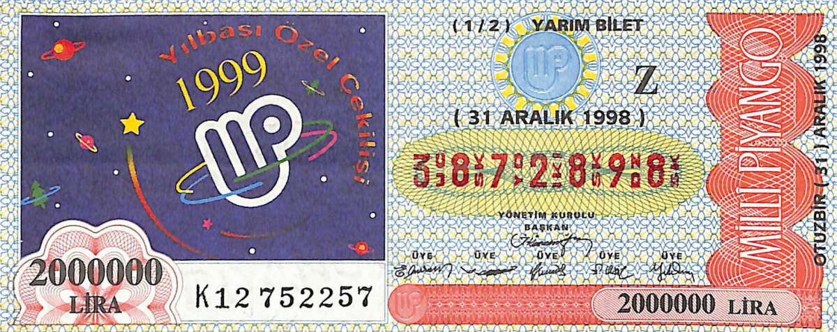 31 Aralık 1998 Piyango Bileti Yarım Bilet PYB6667 - 1
