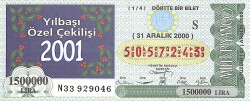 31 Aralık 2000 Piyango Bileti Dörtte Bir Bilet PYB6566 - Gökçekoleksiyon