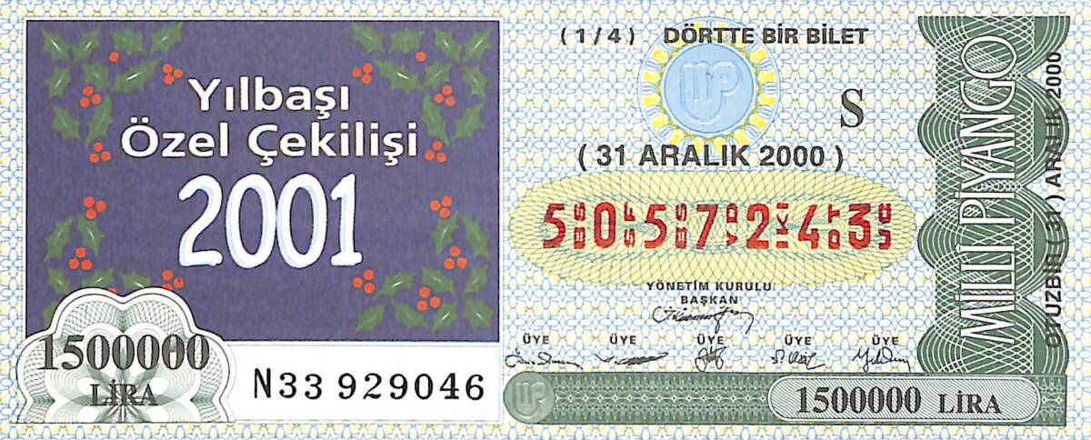 31 Aralık 2000 Piyango Bileti Dörtte Bir Bilet PYB6566 - 1