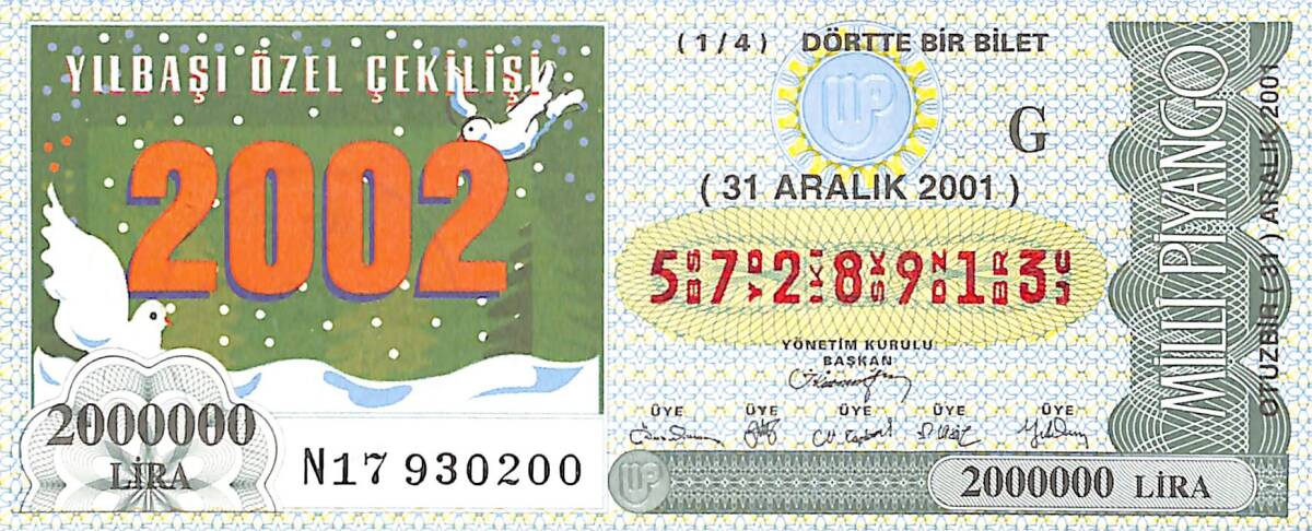 31 Aralık 2001 Piyango Bileti Dörtte Bir Bilet PYB6797 - 1
