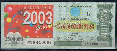31 Aralık 2002 Çeyrek Bilet PYB1900 - 1