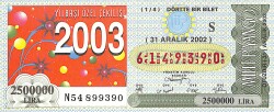 31 Aralık 2002 Piyango Bileti Dörtte Bir Bilet PYB6701 - Gökçekoleksiyon