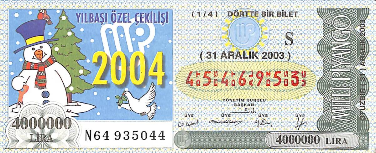 31 Aralık 2003 Piyango Bileti Dörtte Bir Bilet PYB6652 - 1
