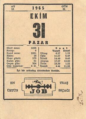 31 Ekim 1965 Takvim Yaprağı - Doğum Günü Hediyesi EFM(N)11174 - 1