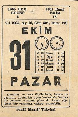 31 Ekim 1965 Takvim Yaprağı - Doğum Günü Hediyesi EFM(N)11385 - 1
