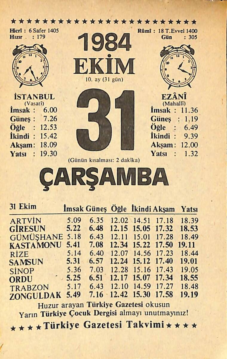 31 Ekim 1984 Takvim Yaprağı - Doğum Günü Hediyesi EFMN14552 - 1