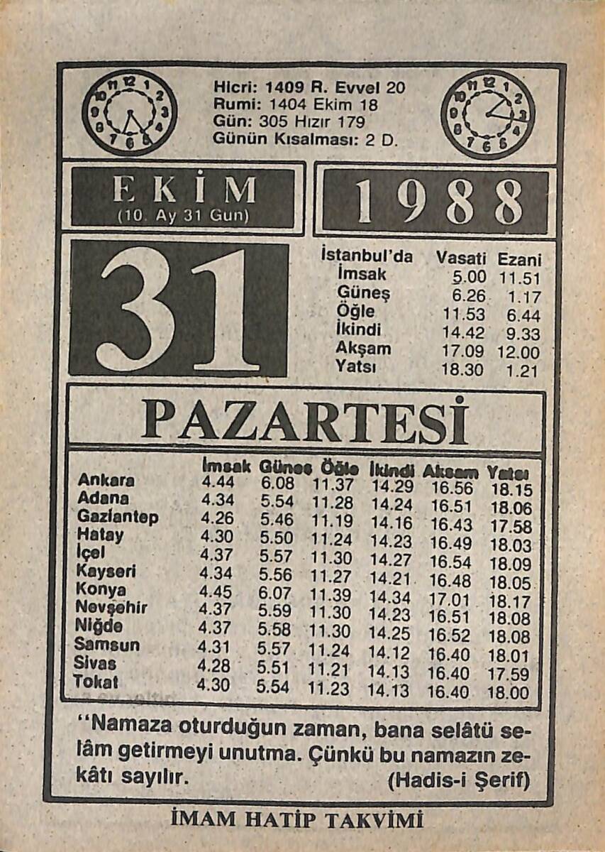 31 Ekim 1988 Takvim Yaprağı - Doğum Günü Hediyesi EFMN14630 - 1