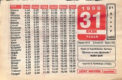 31 Ekim 1999 Takvim Yaprağı - Doğum Günü Hediyesi EFMN14056 - Gökçekoleksiyon