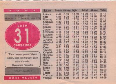 31 Ekim 2001 Takvim Yaprağı EFM(N)3752 - 1
