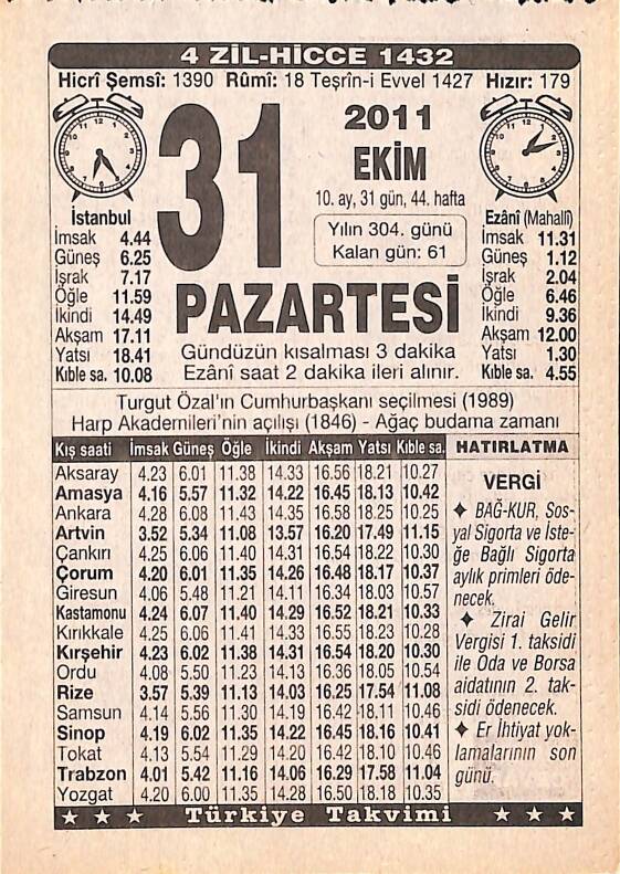 31 Ekim 2011 Takvim Yaprağı - Doğum Günü Hediyesi EFMN15289 - 1