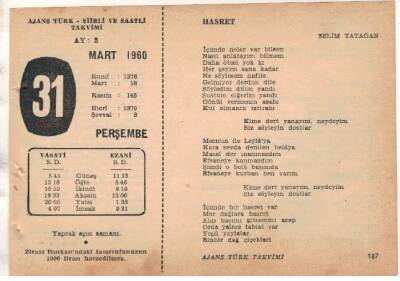 31 Mart 1960 Ajans Türk Takvim Yaprağı (Şiirli Saatli) EFM(N)1557 - 3