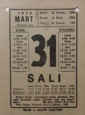31 Mart 1970 Takvim Yaprağı - Doğum Günü Hediyesi EFM(N)7975 - 2