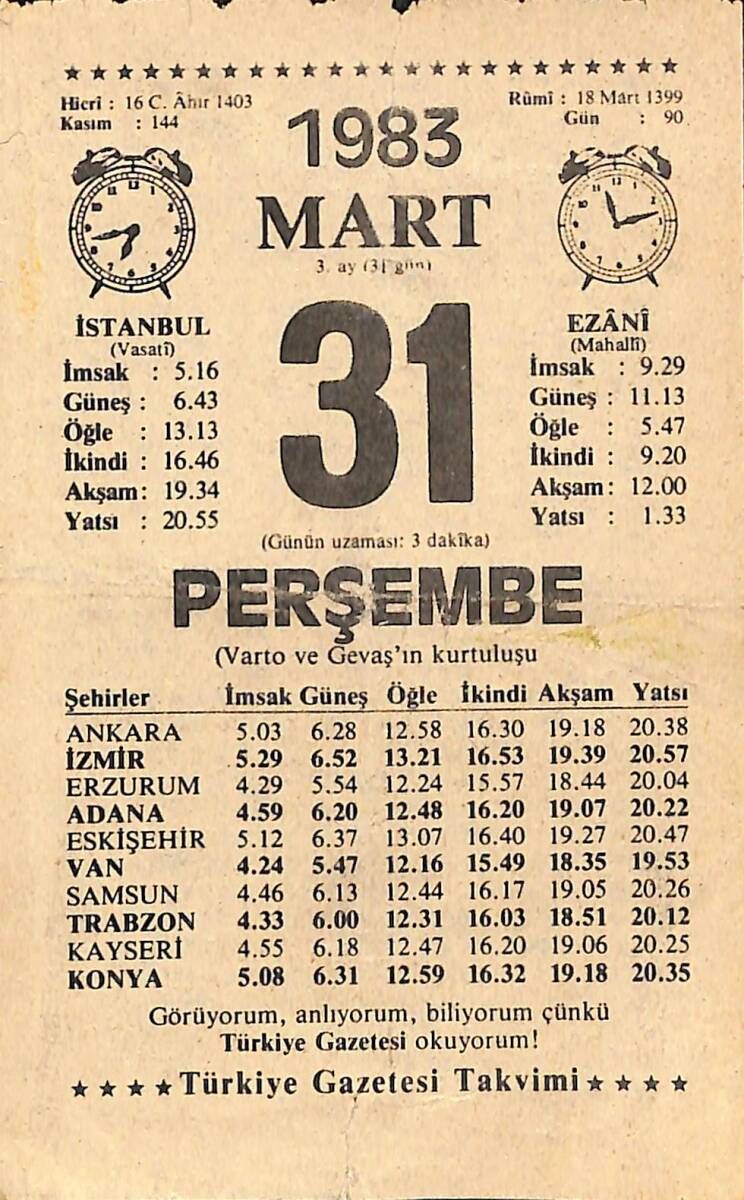 31 Mart 1983 Takvim Yaprağı - Doğum Günü Hediyesi EFMN13749 - 1