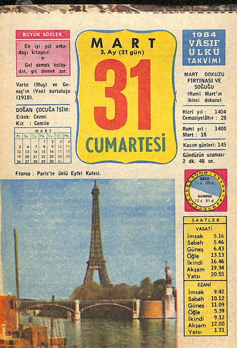 31 Mart 1984 Takvim Yaprağı - Doğum Günü Hediyesi EFMN15195 - 1