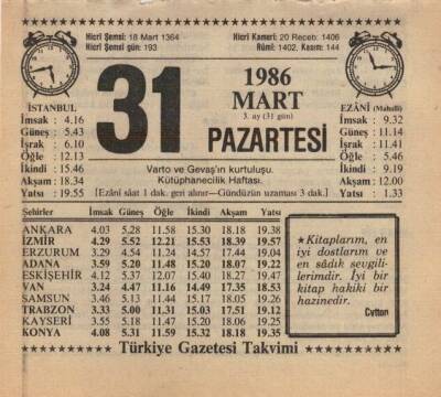 31 Mart 1986 Takvim Yaprağı EFM(N)5941 - 3