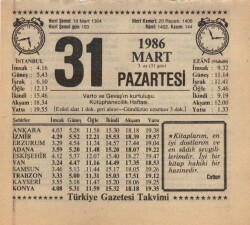 31 Mart 1986 Takvim Yaprağı EFM(N)5941 - 2